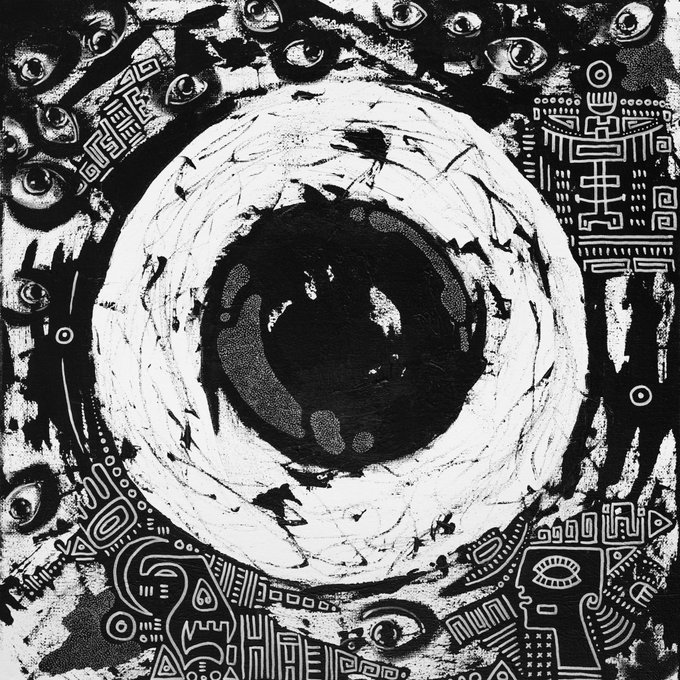 A black and white mixed-media artwork featuring a large central black circle surrounded by a white ring, set against a background filled with numerous eyes and intricate geometric tribal patterns. The piece, titled "DefragmentEYEsed #0," is a limited edition acrylic on canvas (40x40 cm) that ties into the artist's Manifold NFT collection, using the repeated eye motifs to reinforce the artwork's thematic name.