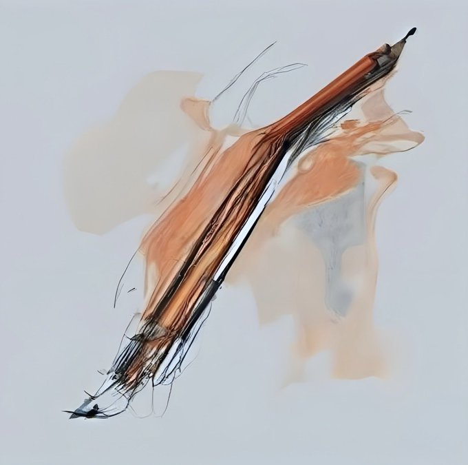 Abstract artistic rendering resembling a pen or brush stroke with flowing brown, black, and peach-colored tendrils against a white background.