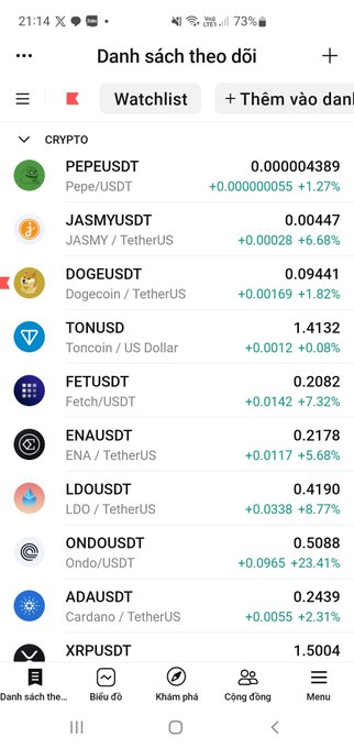 A mobile crypto watchlist in Vietnamese ('Danh sách theo dõi') shows various cryptocurrency pairs against USDT, including PEPE, JASMY, DOGE, TON, FET, ENA, LDO, ONDO, ADA, and XRP, with their prices and percentage changes.