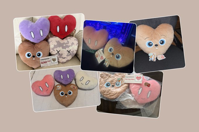 A collage of photos showing heart-shaped plush pillows with faces, resembling characters from a Be My Valentine plush collection, in various colors and settings.