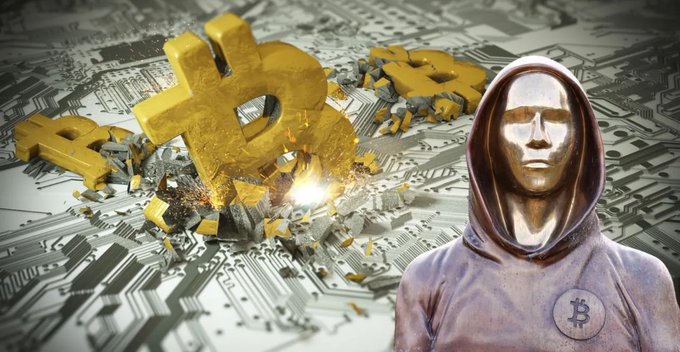 A dramatic composite image featuring a golden Bitcoin symbol shattering through a circuit board surface alongside a hooded figure wearing a golden mask with a Bitcoin logo on their chest.