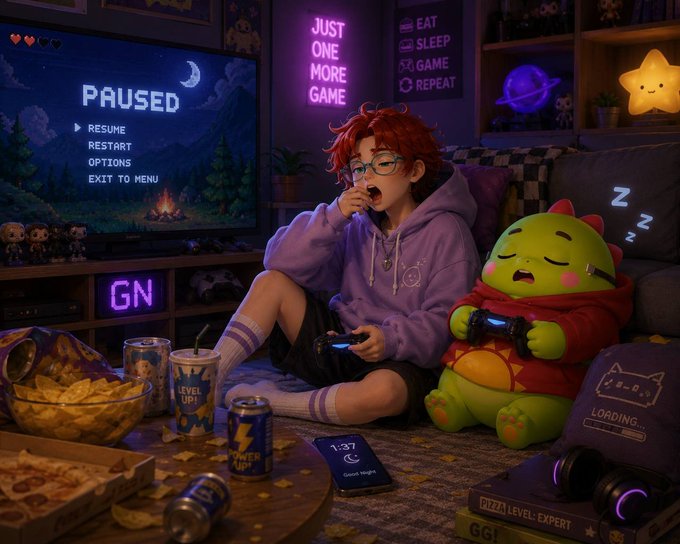 An anime-style illustration of a red-haired gamer with glasses yawning while sitting on the floor next to a sleeping green dinosaur plush, with a paused video game menu displayed on the TV behind them.