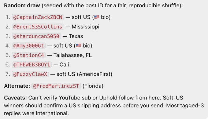 The image shows a random draw result listing seven winners (@CaptainZackZBCN, @Brent535Collins, @sharduncan5050, @Amy3000Gt, @StationC4, @THEWEB3BOY1, and @FuzzyClawX) with their locations, along with @FredMartinezST as the alternate, confirming the post's announcement of mailing boxes to all seven recipients.