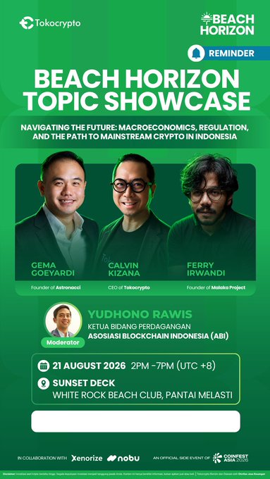 The image is a promotional poster for the "Beach Horizon Topic Showcase" hosted by Tokocrypto, featuring speakers Gema Goeyardi (Astronacci), Calvin Kizana (Tokocrypto CEO), and Ferry Irwandi (Maktabat Project), moderated by Yudhono Rawis (ABI), on August 21, 2026, from 2-7 PM at Sunset Deck, White Rock Beach Club, Bali, discussing Indonesia's crypto industry. The poster's details align with the post about the Beach Horizon event happening in Bali, with the same time frame and venue, promoting the crypto-focused discussions.