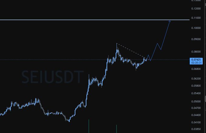 A financial chart showing the SEIUSDT trading pair, with a price line that has trended upward and recently spiked to test a horizontal resistance level near 0.11000, with the current price at 0.07425.