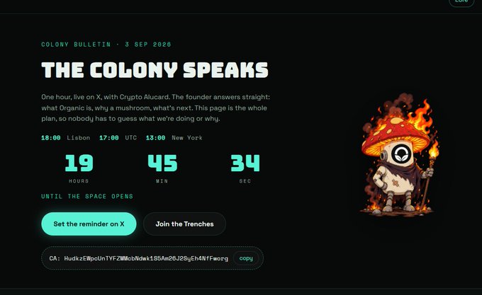 A website bulletin titled 'THE COLONY SPEAKS' dated 3 SEP 2028, advertising a live stream with a countdown timer showing 19 hours, 45 minutes, 34 seconds, and buttons to 'Set the reminder on X' and 'Join the Trenches', alongside a flaming mushroom character illustration.