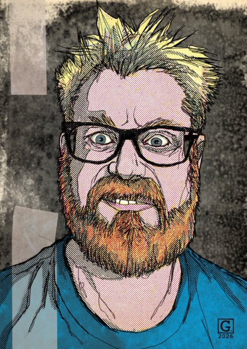 A stylized comic-book portrait of a blonde-haired man with glasses, blue eyes, and a red beard, with 'G 2026' signed in the bottom right corner.