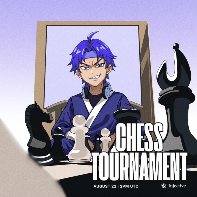 An anime-style promotional graphic for a 'CHESS TOURNAMENT' on August 22 at 12PM UTC, featuring a blue-haired character with headphones at a chessboard, sponsored by Injective.
