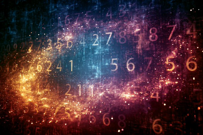 An artistic digital background featuring floating numbers and data points glowing in warm orange and cool blue tones against a dark backdrop, evoking a digital or cyber aesthetic.