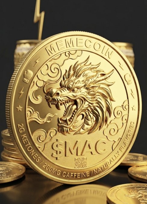 A close-up of a gold-colored coin featuring an embossed roaring lion's head design with the text 'MEMECOIN' at the top and '$MAC' at the bottom.