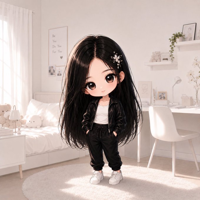 A chibi-style digital illustration of a cute anime girl with long black hair wearing a black leather jacket and white shirt, standing in a bright white bedroom with a 'Be You Do You For You' poster.