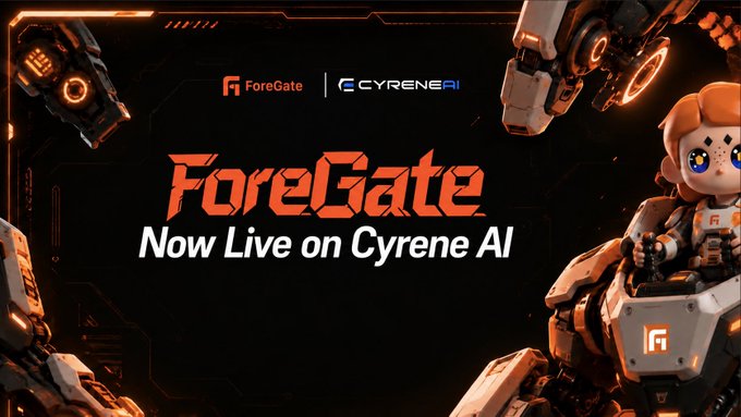 Promotional graphic announcing "ForeGate - Now Live on Cyrene AI," with logos for both ForeGate and CyreneAI displayed above a mech robot character on the right side, matching the campaign launch announcement featuring a prediction challenge between AI and users.