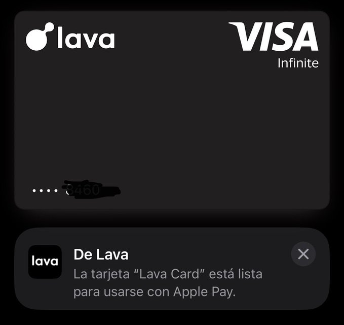 The image shows a black screen with an app called "De Lava" displayed, which has a white background and black text. The app's name is written in Spanish, indicating that it might be available in multiple languages. The app appears to be related to payment methods or credit cards, as there are two different types of cards visible on the screen: one for Apple Pay and another for Visa Infinite. The post about this app suggests that users should focus on catching all the details provided by the app.