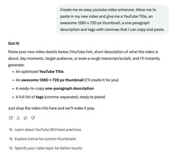 A screenshot of a Grok AI interface showing a "YouTube Video Enhancer" prompt tool designed to generate optimized YouTube titles, thumbnails, descriptions, and tags, supporting the post's claim that "@SuperGrok is amazing for YouTubers."