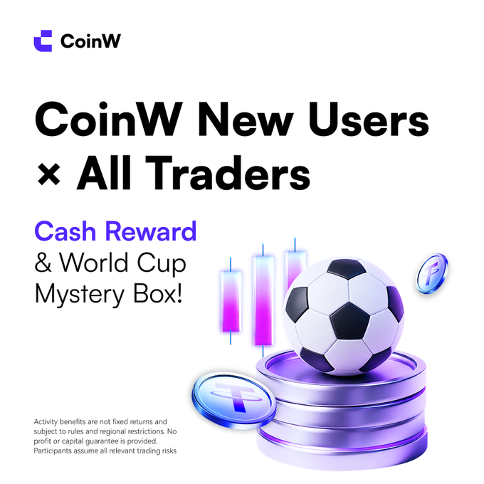 A CoinW promotional graphic featuring the headline "CoinW New Users × All Traders" with a "Cash Reward & World Cup Mystery Box!" offer, displaying a soccer ball on stacked purple coins alongside cryptocurrency tokens and candlestick charts to highlight the FIFA World Cup–themed trading rewards campaign.