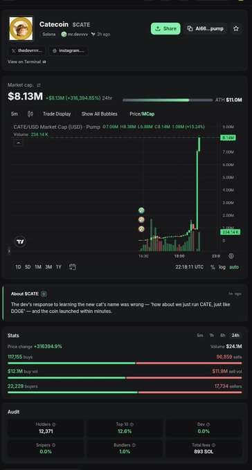 A screenshot of a token tracking website (ave.ai) showing details for '$CATEcoin' ($CATE) on Solana, with a market cap of $8.13M and a 24-hour price increase of 316,394.85%.