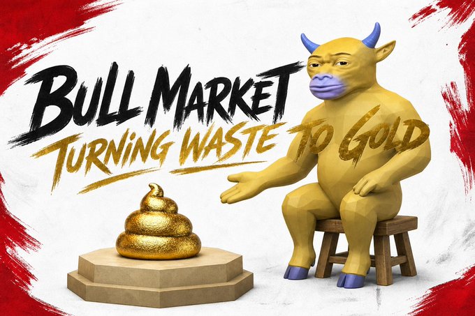 A promotional graphic for "Bull Market - Turning Waste to Gold" featuring a golden, low-poly bull character sitting on a stool next to a golden poop emoji on a pedestal.