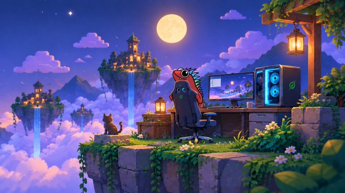 A pixel art illustration of a character with a lizard on their head sitting at a gaming PC setup on a floating island under a full moon.