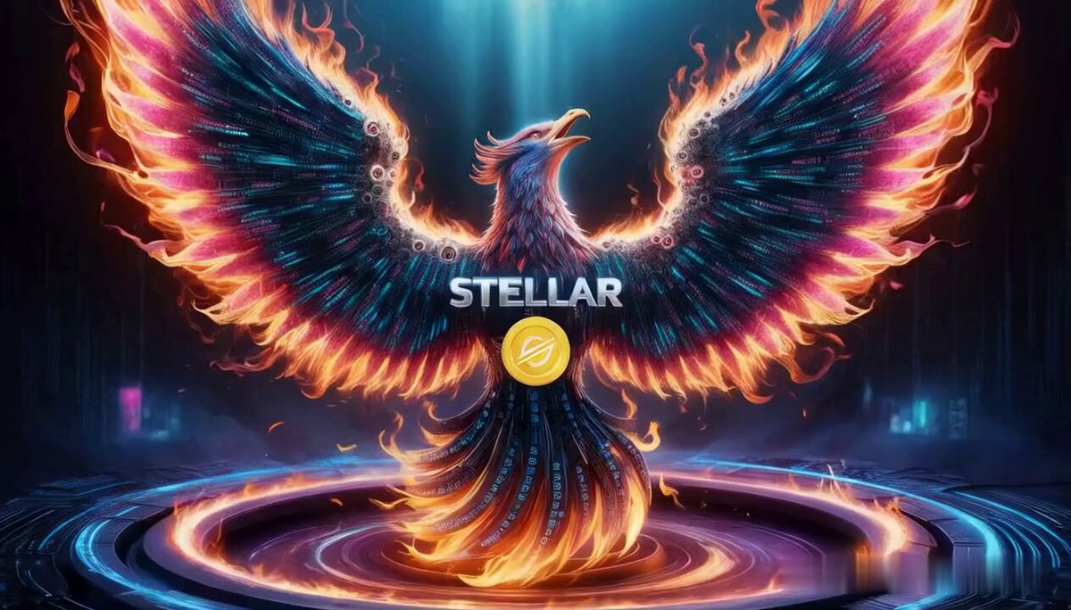 The image features a vibrant and colorful illustration of a fire-breathing dragon with its wings spread wide open. The dragon's wings are painted in shades of blue, red, and orange, creating an eye-catching display against the dark background. In the center of this fiery spectacle is a gold coin, which adds a touch of contrast to the overall composition.

The image also includes text that reads "Stellar" and "XLM", possibly indicating the artist's name or the cryptocurrency being referred to in the post. The caption further explains that the entire crypto market has just flipped into risk-on mode after easing geopolitical tensions, which suggests a significant shift in sentiment towards investing in digital assets.