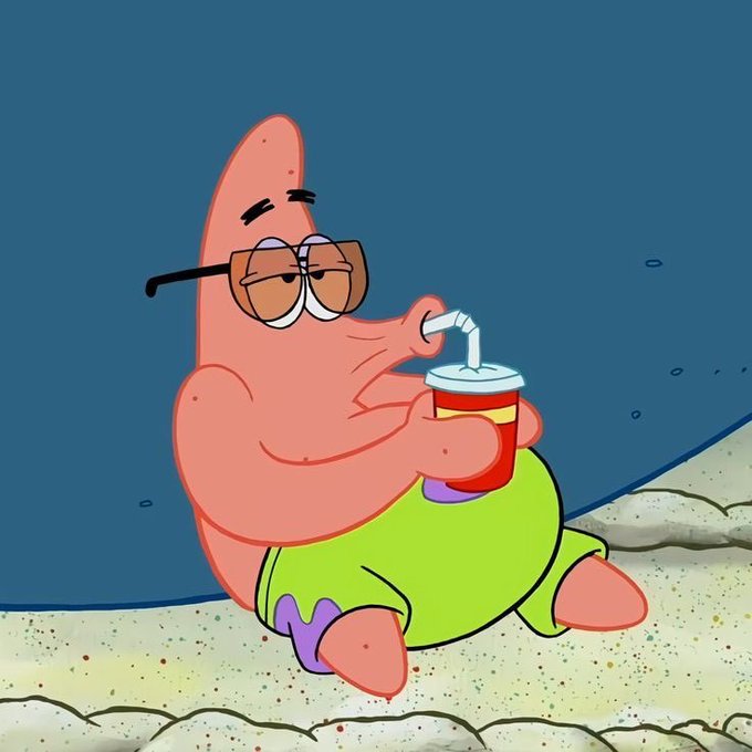 Patrick Star sits on the sandy ocean floor wearing sunglasses and sipping from a juice box, perfectly capturing a relaxed "GM" (good morning) vibe to match the Happy Taco Tuesday post.