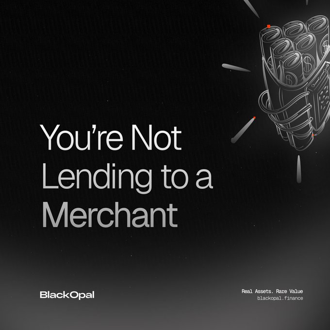 A dark advertisement for BlackOpal featuring a 3D rendered hand grenade filled with coins, with the headline "You're Not Lending to a Merchant" and the tagline "Real Assets. Rare Value." pointing to blackopal.finance.