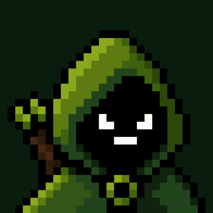 A pixel art illustration depicts a hooded, green-cloaked character with a mysterious black face and white eyes, holding what appears to be a staff or weapon. The image complements the post's theme of $Mancer, likely representing a sorcerer or mage character tied to the cryptocurrency/token being promoted.