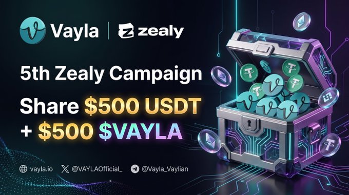 The image is a promotional graphic for Vayla's 5th Zealy Campaign, featuring a futuristic treasure chest filled with Vayla (V) and Tether (T) tokens, advertising a prize pool of $500 USDT and $500 $VAYLA tokens. It includes Vayla's social handles (@VAYLAofficial on X, @Vayla_Vaylian on Telegram) and website (vayla.io), visually reinforcing the campaign's message about earning rewards through quest completion.