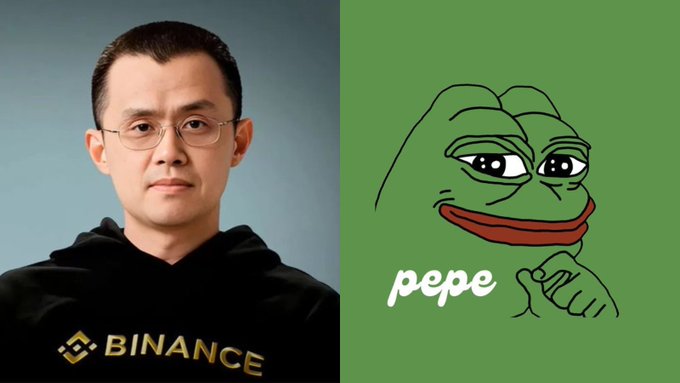 The image is a split composition showing Changpeng Zhao (CZ), founder of Binance, in a black "BINANCE" hoodie on the left, alongside the iconic Pepe the Frog meme character with the text "pepe" on a green background on the right—illustrating the rumor that CZ briefly adopted a Pepe-themed profile picture.