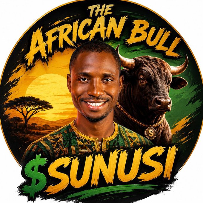 A circular logo-style graphic features a smiling man in traditional African attire beside a large brown bull, with a sunset and acacia tree in the background. Bold yellow text reads "THE AFRICAN BULL" at the top and "$SUNUSI" across the bottom, with a green dollar sign reinforcing the cryptocurrency branding mentioned in the post.