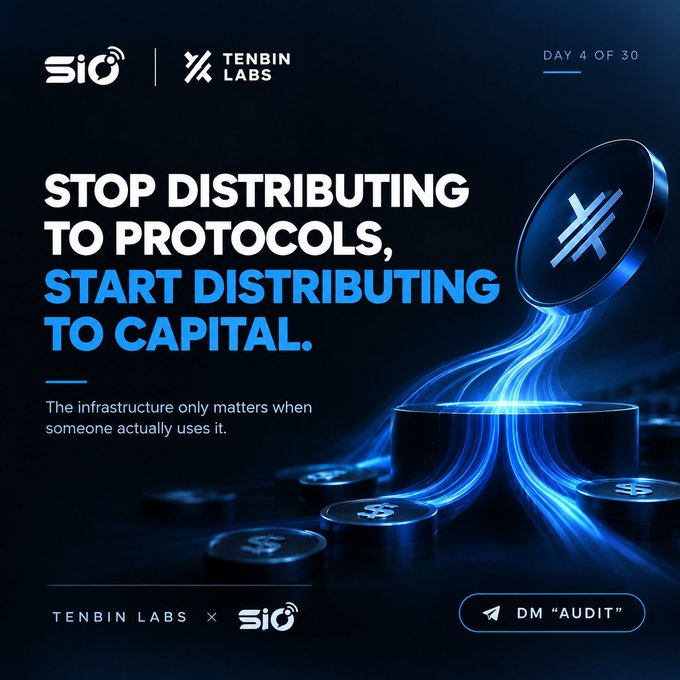 A promotional graphic for SiO and Tenbin Labs featuring the text 'STOP DISTRIBUTING TO PROTOCOLS, START DISTRIBUTING TO CAPITAL.' with the tagline 'The infrastructure only matters when someone actually uses it.' and a 'DM AUDIT' button, marked 'DAY 4 OF 30'.