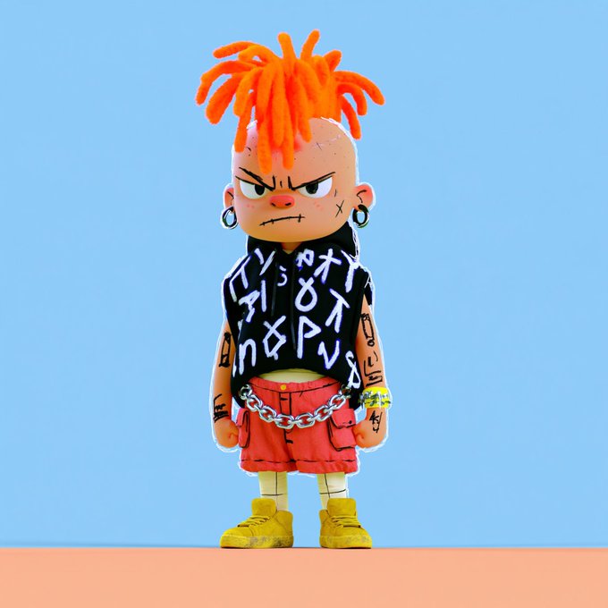 A stylized punk figure with orange dreadlocks, a black patterned sleeveless shirt, red shorts, a silver chain, and yellow boots stands against a pale blue background.