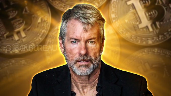 The image features Michael Saylor, the MicroStrategy chairman, in front of a backdrop of Bitcoin coins with the "Coin Bureau" watermark, accompanying his quote about governments' inability to stop Bitcoin's inevitable global adoption.