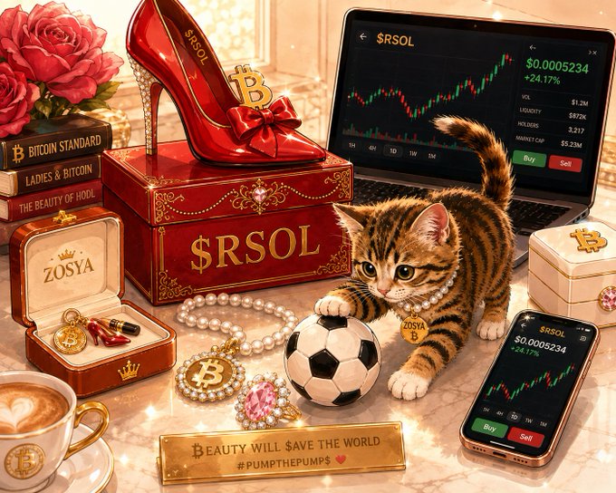 A digital collage features a kitten with a 'ZOSYA B' tag, a red '$RSOL' treasure chest, a Bitcoin-themed high heel shoe, trading screens showing '$RSOL' at $0.0005234, and a banner reading 'BEAUTY WILL SAVE THE WORLD #PUMPTHEPUMPS'.