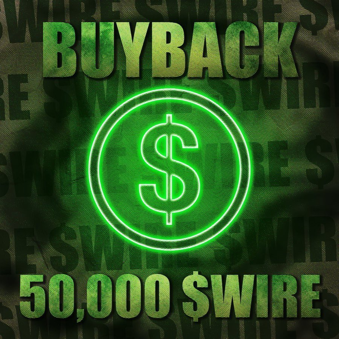 A neon green dollar sign with the text 'BUYBACK' at the top and '50,000 $WIRE' at the bottom on a dark textured background.