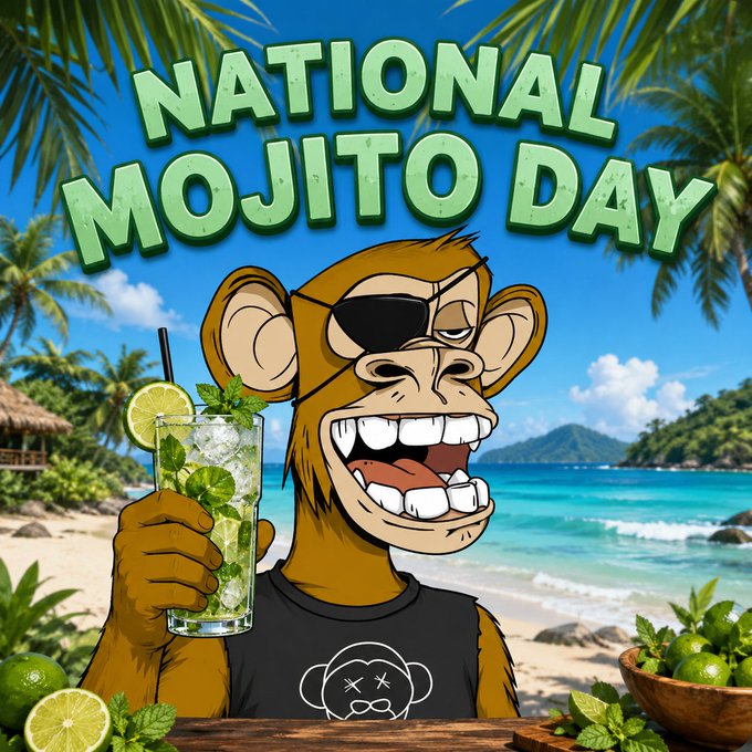 A cartoon monkey with an eyepatch holding a mojito cocktail on a beach, with text reading 'NATIONAL MOJITO DAY' against a tropical backdrop.