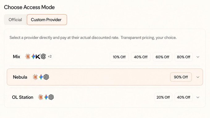 The image shows an AI model's "Choose Access Mode" interface with a "Custom Provider" tab selected, displaying provider options (Mix, Nebula, OL Station) alongside discount percentages ranging from 10% to 90% Off. This visually represents the b.ai API update mentioned in the post, highlighting the new Nebula channel's maximum 90% cost efficiency and the discounted rates for custom providers.
