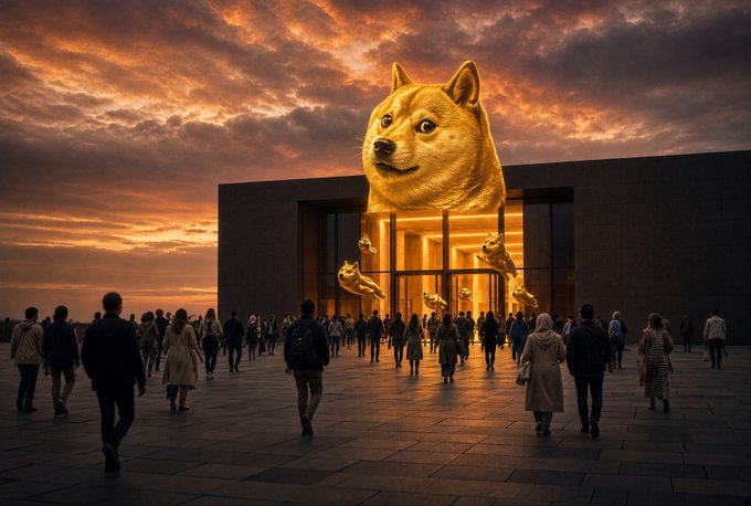 A large digital rendering of a golden Shiba Inu (Doge) head sits atop a modern building at sunset, with crowds of people gathered in the plaza below admiring the monument-like sculpture.