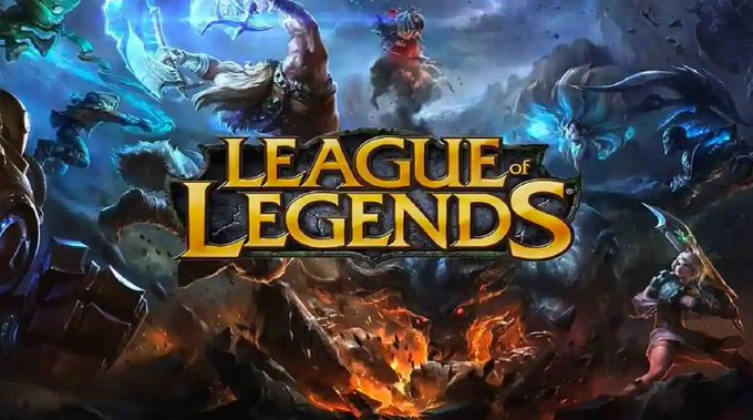 The official League of Legends logo displayed over artwork featuring various champions in a dramatic battle scene with fire and blue energy.