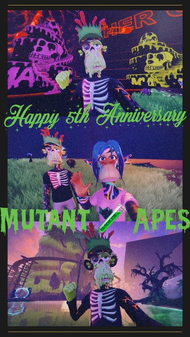 A promotional graphic featuring skeleton-like ape characters with the text "Happy 5th Anniversary" and "MUTANT APES".
