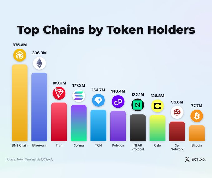 A bar chart titled "Top Chains by Token Holders" ranks BNB Chain first with 375.8M holders, followed by Ethereum at 336.3M, Tron (189M), Solana (177.2M), TON (154.7M), Polygon (148.4M), NEAR Protocol (132.1M), Celo (126.8M), Sei Network (95.8M), and Bitcoin (77.7M), visually confirming the post's claim that BNB Chain leads all chains by roughly 39.5M holders over Ethereum.