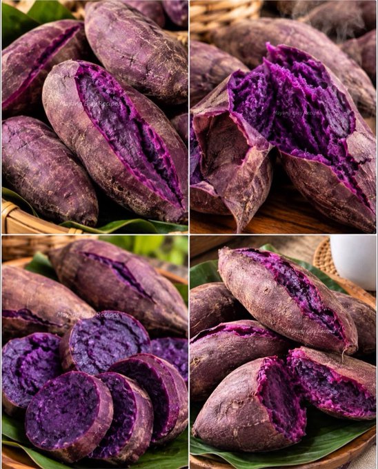 A four-panel collage showing purple sweet potatoes, some whole and others split open or sliced to reveal their vibrant purple interior.