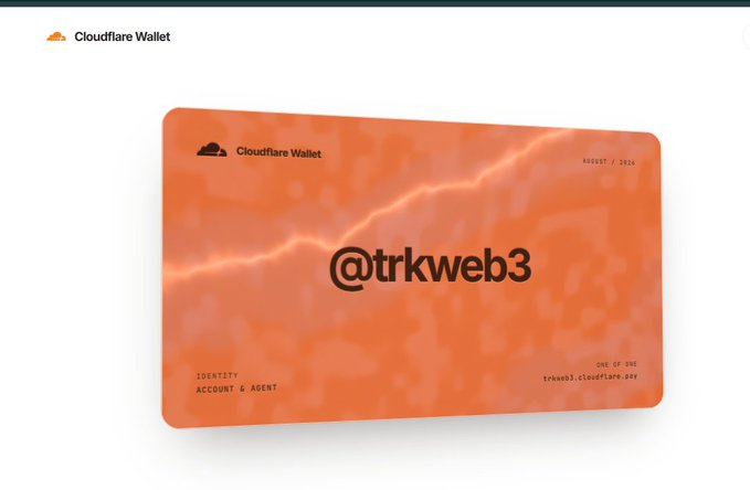 A digital Cloudflare Wallet card with an orange lightning-themed background displaying the handle '@trkweb3', dated August 2024, and labeled as 'IDENTITY ACCOUNT & AGENT' on 'trkweb3.cloudflare.xyz'.
