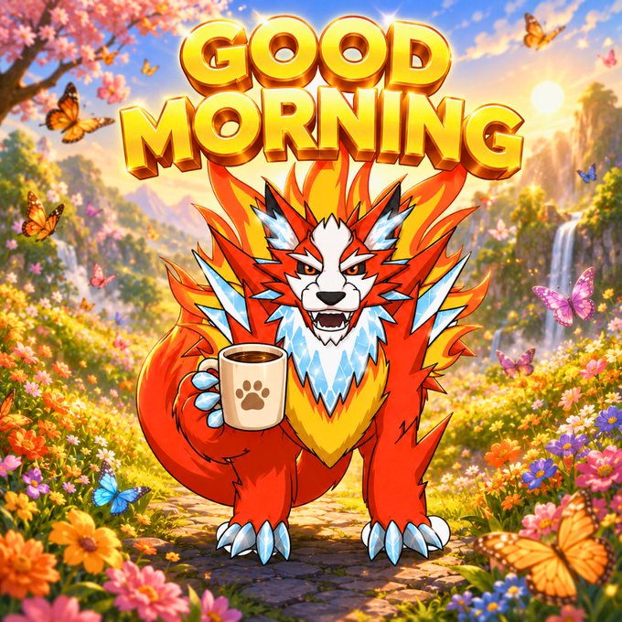 A vibrant illustrated 'GOOD MORNING' graphic featuring a fiery orange and yellow canine creature holding a coffee mug with a paw print, surrounded by colorful flowers and butterflies.