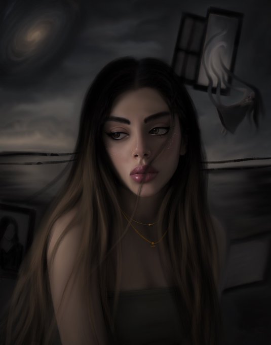 A digital portrait of a young woman with long brown hair and golden necklaces, set against a moody scene of a window with flowing fabric and a distant landscape.