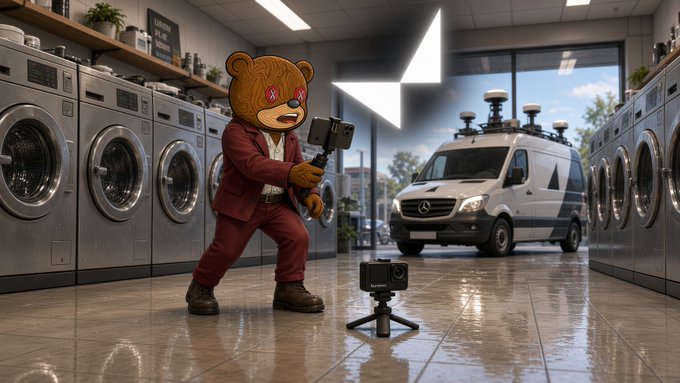 A digital illustration of an anthropomorphic brown bear wearing a red suit and sunglasses with red spiral eyes, holding a smartphone gimbal in a laundromat, with a white Mercedes van equipped with roof-mounted sensors visible through the window.
