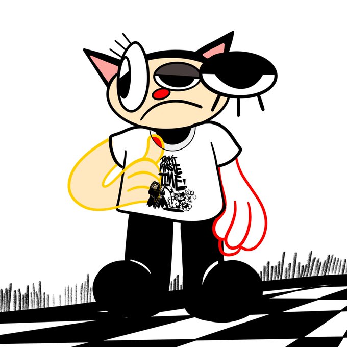A cartoon illustration of an angry-looking cat with half-closed eyes, wearing a t-shirt with 'TAKE TIME!' text, standing on a black and white checkered floor.