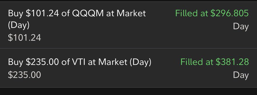 A brokerage app shows two filled market orders: $101.24 of QQQM purchased at $296.805 and $235.00 of VTI purchased at $381.28, reflecting the user's decision to accelerate investing $336 across both ETFs.
