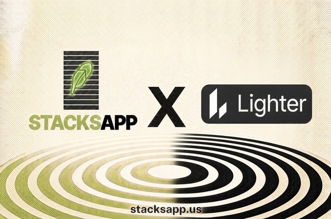 A promotional graphic featuring a collaboration between 'STACKSAPP' and 'Lighter' displayed over a hypnotic spiral pattern, with the URL stacksapp.us at the bottom.