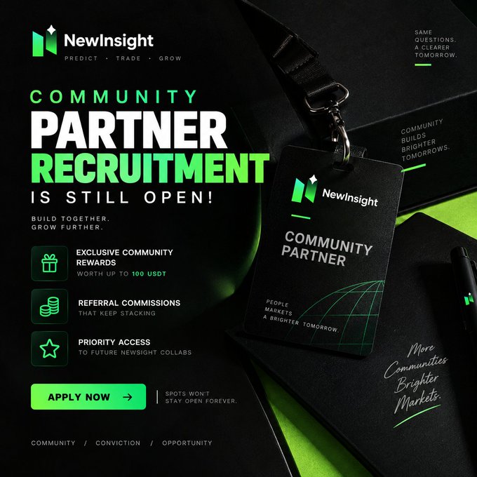 A promotional graphic for NewInsight's Community Partner Recruitment campaign, featuring a black and green color scheme with a branded ID badge and lanyard displayed on a notebook. Key text includes 'COMMUNITY PARTNER RECRUITMENT IS STILL OPEN!' along with benefits like exclusive rewards worth up to 100 USDT, referral commissions, and priority access, with an 'APPLY NOW' call-to-action button.