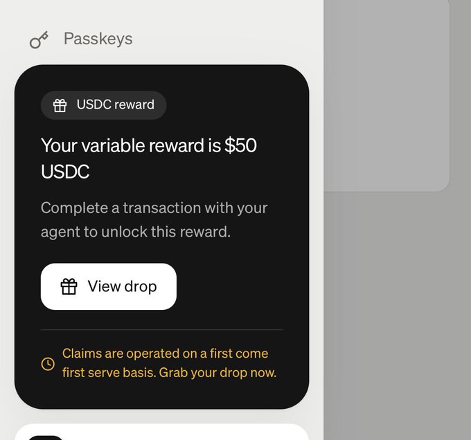 A Passkeys interface displays a "USDC reward" notification offering a variable reward of $50 USDC, with instructions to complete a transaction with an agent to unlock the reward and a "View drop" button. The image illustrates the MoonPay Passkeys reward claim process mentioned in the accompanying post.